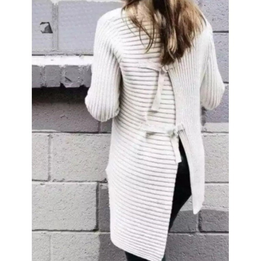 Cabi Womens D Ring Ribbed Sweater Asymmetric Large Ivory Cream Split Mock Neck